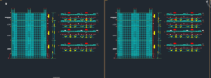 Two mirrored architectural elevations of a high-rise with cyan grid facade and red/yellow detailing on a dark background.